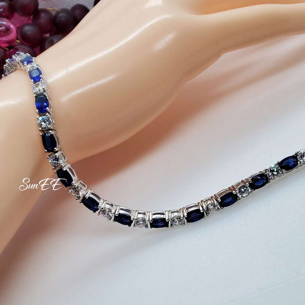 NEW 925 STERLING BLUE SAPPHIRE TENNIS BRACELET 7" - Picture 4 of 4